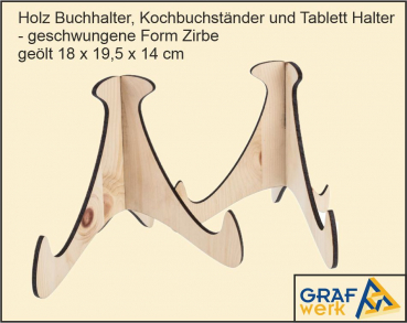 Zirbe geölt Buchständer und Tablett Halter - geschwungene Form 18 x 19,5 x 14 cm